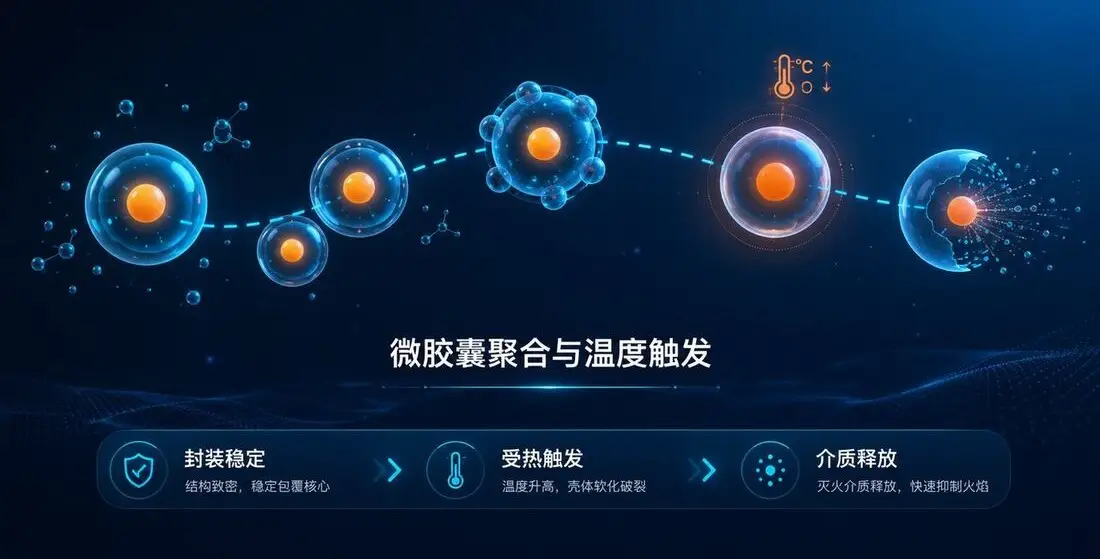 微胶囊聚合与温度触发示意图：封装稳定、受热触发、介质释放